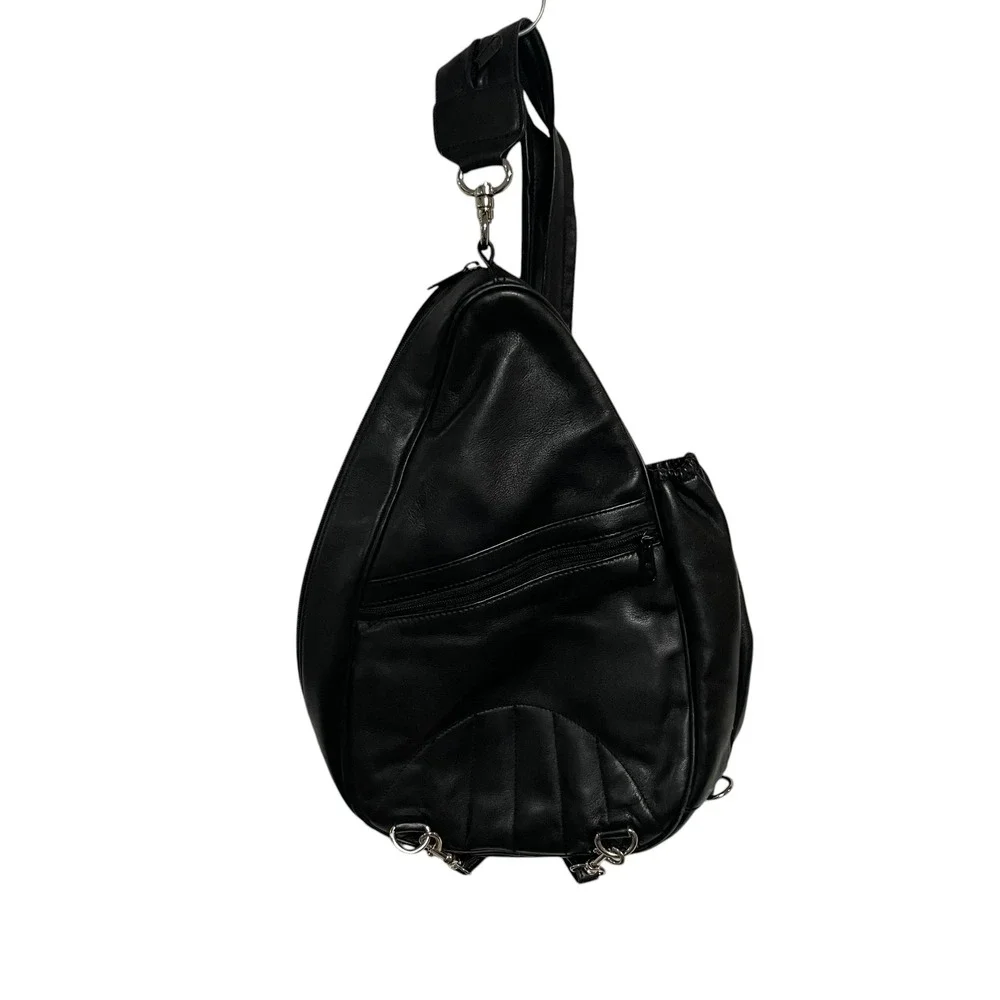 Norm Thompson Black Leather Sling Backpack Teardrop Travel Bag Mens Womens